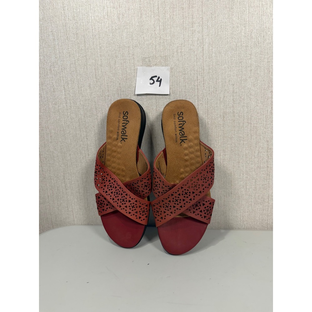 SoftWalk Red Leather Laser Cut Crisscross Slide Sandals S1502-617 Womens 8.5M